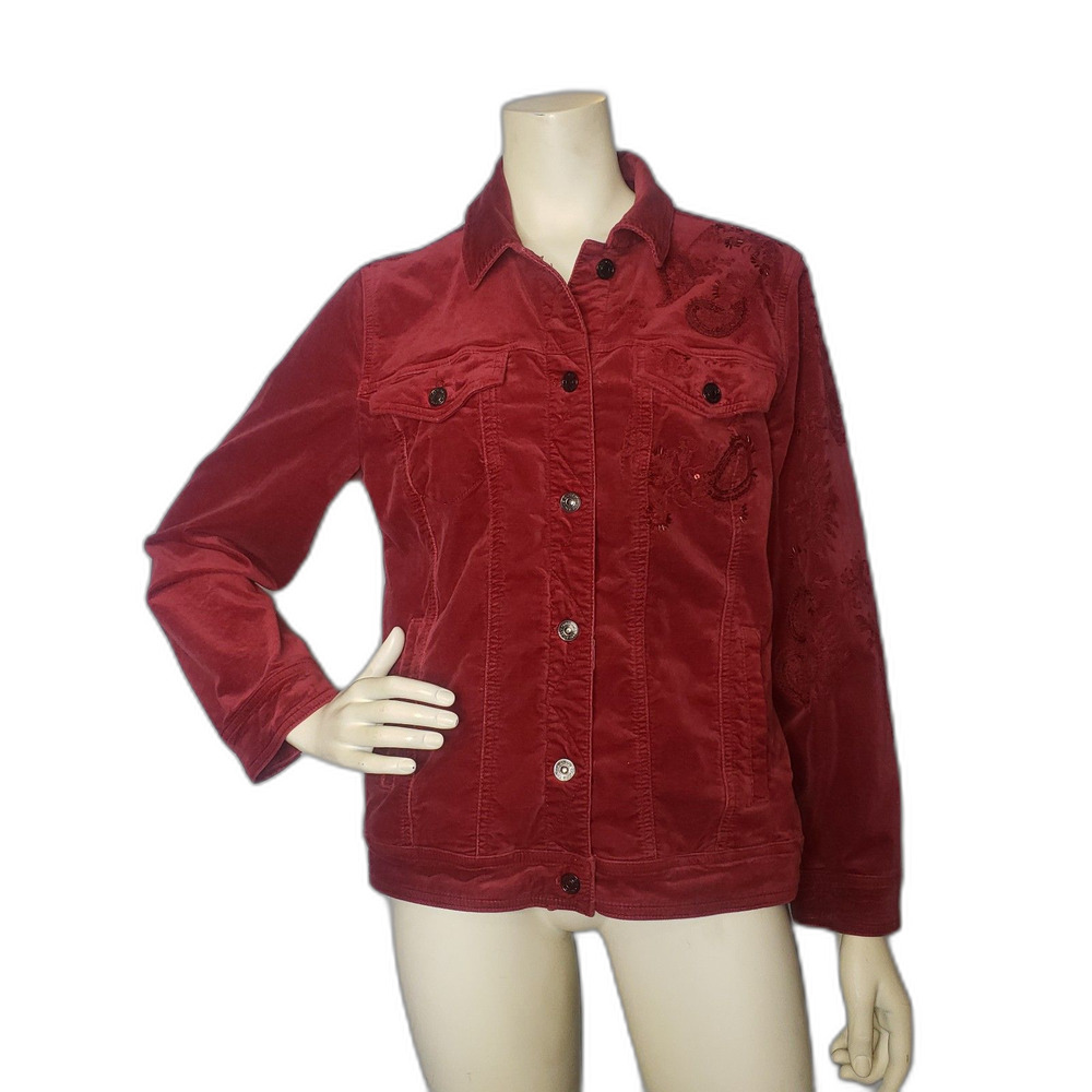 CHICOS Embellished Red Velveteen Velour Sequined Jacket Womens Size 2 Large